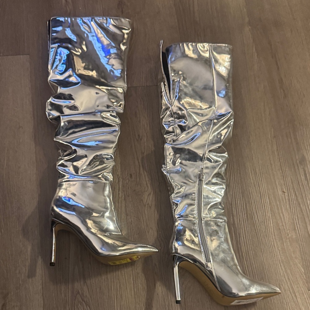 INC Iyonna Slouchy Faux Leather Over The Knee Boots Women's 5M Silver Side Zip